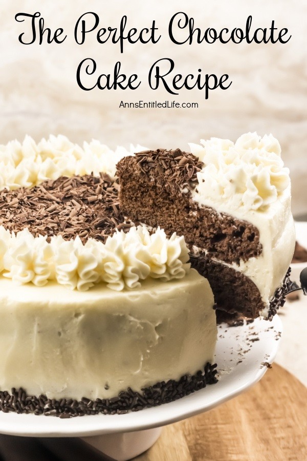 A piece of chocolate cake being lifted on a cake server from the chocolate cake on a white cake stand.