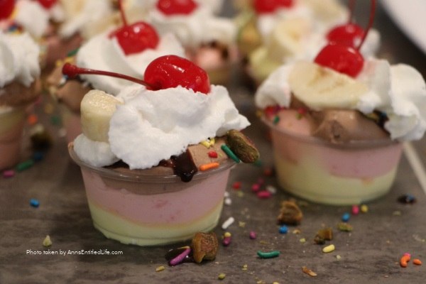 Banana Split Pudding Shots Recipe. Like banana splits? Then you will love this fabulous banana split pudding shots recipe! Great for tailgating, a backyard BBQ, or other large adult oriented event, this pudding shot recipe is a great addition to any adult party or celebration. Use the step-by-step instructions to make your own fabulous party pudding shot.