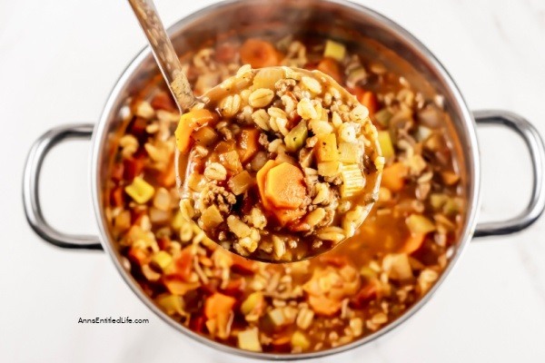 Beef Barley Soup Recipe. This hearty beef barley soup recipe is delicious and satisfying. It is filling enough to be a meal. Ground or cubed beef, carrots, onions, and celery along with an array of spices and barley make up this best tasting Beef Barley soup!