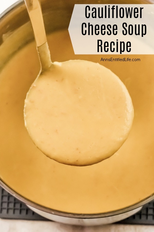 A silver soup ladle filled with cauliflower cheese soup is being lifted from the soup pot below.