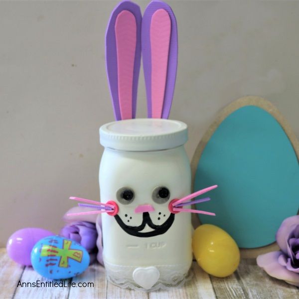 Easter Bunny Mason Jar Craft. Make an Easter bunny from a jar! This step-by-step tutorial will show you how to easily make a bunny out of a condiment jar that is perfect for a centerpiece, mantel decor, or table decorations this Easter. If you are looking for a simple, inexpensive Easter craft project, this is it!