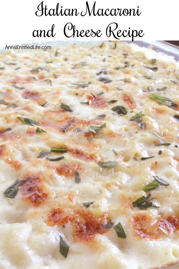 A close-up of a pan of baked Italian style macaroni and cheese.