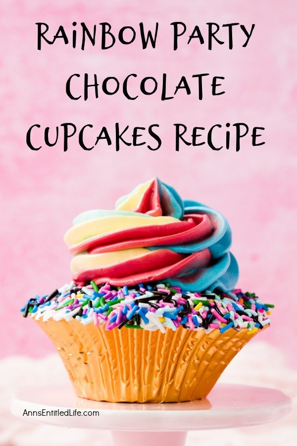 Side view of a single rainbow party chocolate cupcake sits on a white cake stand, against a pink background.