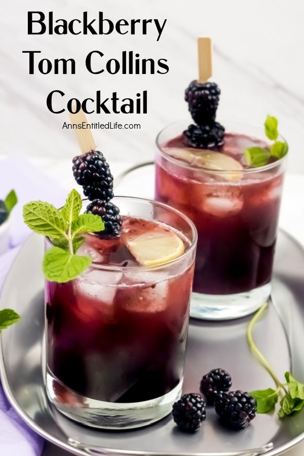 A blackberry Tom Collins garnished with blackberries, mint, and lemons againsta white background, set upon a silver tray. A second blackberry Tom Collins is in the background.