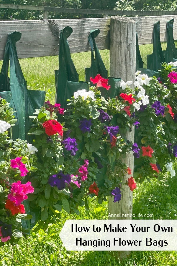 Six hanging flower pouches filled with red, white, and purple petunias hanging on nails on a wooden fence