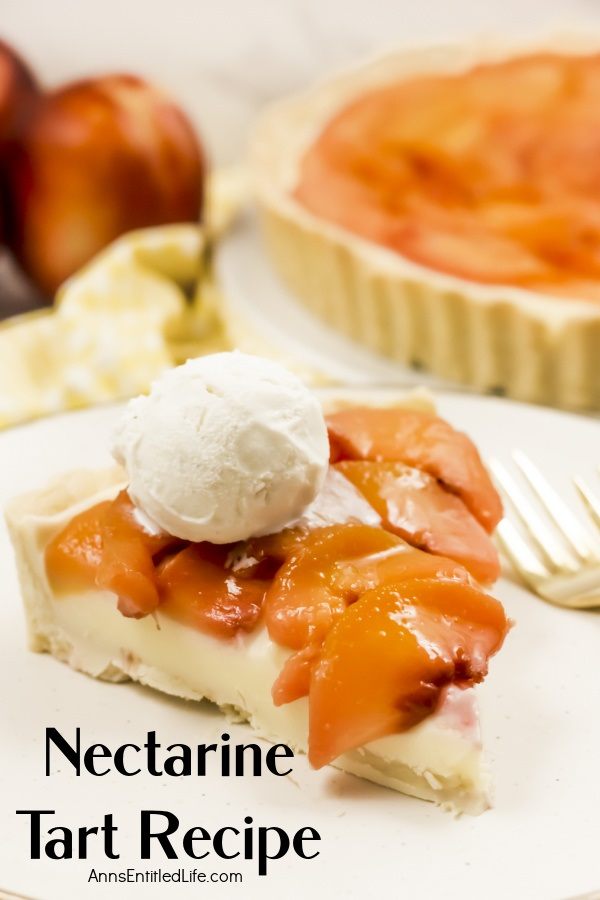 A piece of ala mode nectarine tart sits on a white plate. The rest of the tart is partially seen in the upper right, some fresh nectarines are in the upper left.