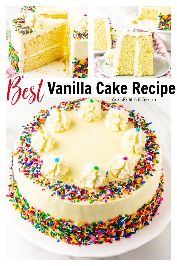 A collage of images from a white cake including a whole cake, a piece of vanilla cake frosted with buttercream frosting, trimmed with ruffle mounds, and decorated with colored sprinkles is being lifted from the remainder of the cake which sits on a white cake plate, and a served piece of white cake on a white plate. All this sits on a pink and grey chevron napkin.