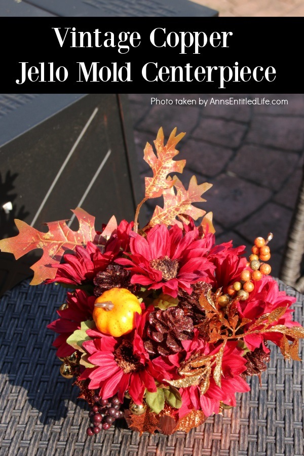 Overhead to front view of a centerpiece on an outdoor wicker side table