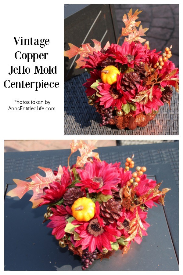 A collage of two images: front view of the centerpiece, and overhead view of the centerpiece on an outdoor iron table.