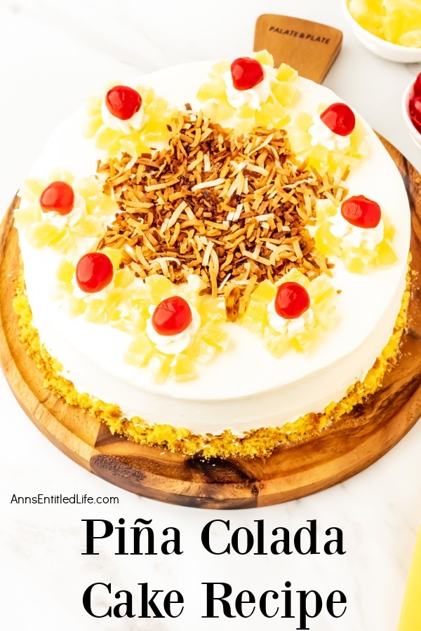 An overhead shot of a decorated pina colada cake.