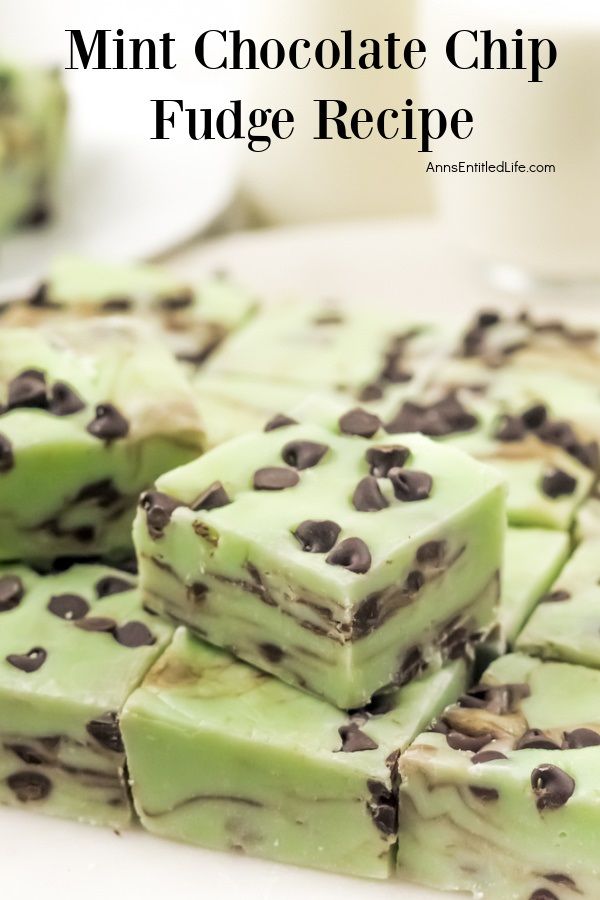 An upclose view of a stack of mint chocolate chip fudge pieces