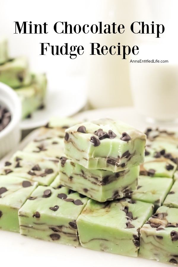 An upclose view of a stack of mint chocolate chip fudge pieces, the top piece has a bite removed