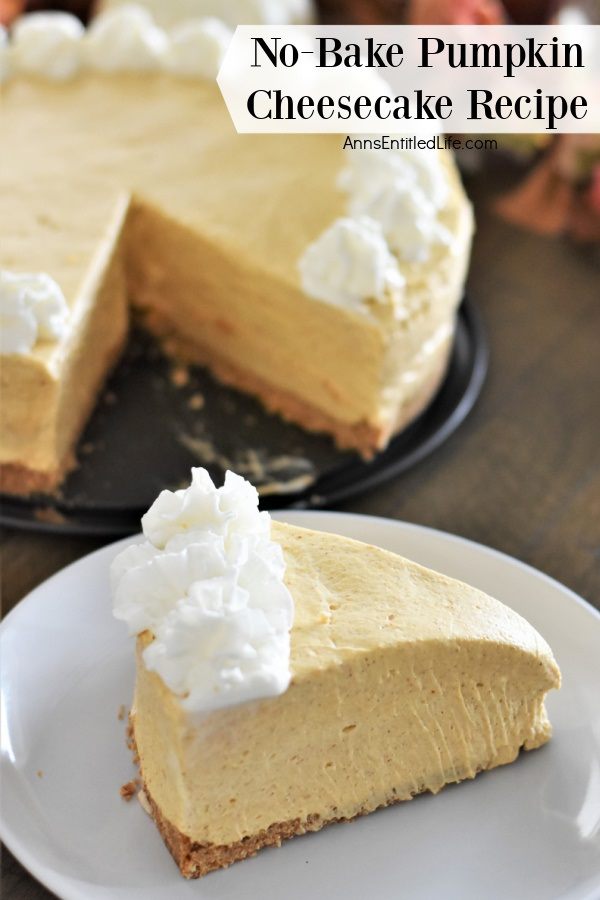 A piece of no-bake pumpkin cheesecake on a white plate shown in profile. The remains of the pumpkin cheesecake is in the upper left.