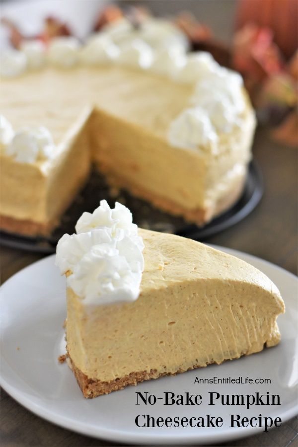 A piece of no-bake pumpkin cheesecake on a white plate shown in profile. The remains of the pumpkin cheesecake is in the upper left.