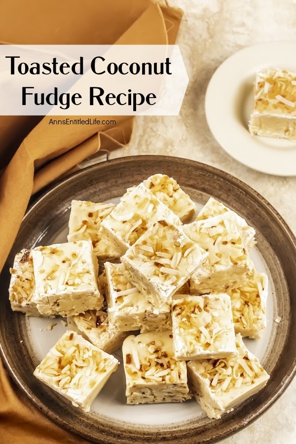 An overhead view of a creme plate with brown trim piled high with toasted coconut fudge. A single piece on a plate is in the upper right.