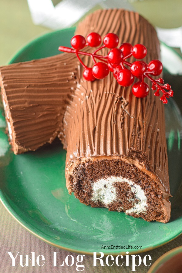 A close-up, slightly overhead view of a yule log cake on a green platter with faux cranberries adorning it