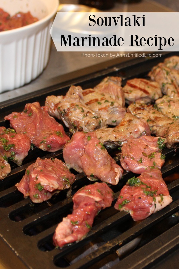 Souvlaki beef chunks on a grill, there is a white bowl in the upper left filled with more meat