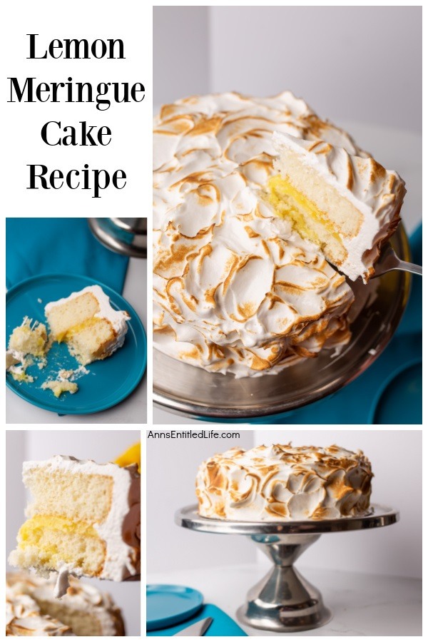 A photo collage of lemon meringue cake on a silver platter as well as pieces of cake on blue plates.