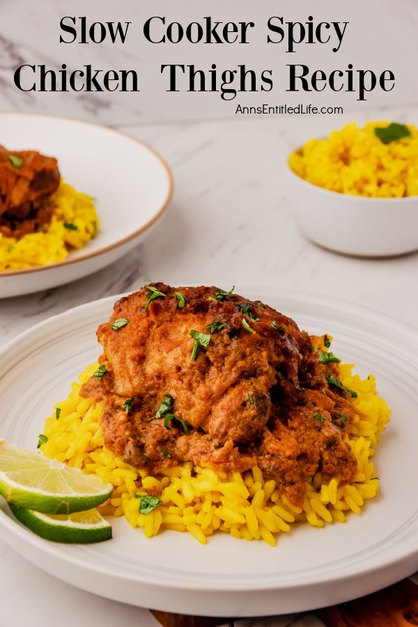 Side-view image of a spicy chicken thigh on a bed of yellow rice on a white plate, a bowl of yellow rice is in the upper right, a second serving of the chicken thighs is in the upper left.