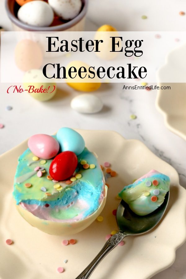 An easter cheesecake on a yellow dish with a portion removed. That taste is set on a spoon.