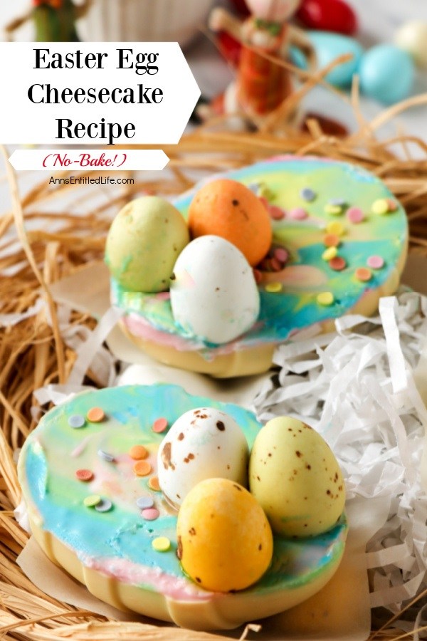 Two Easter cheesecake set on a nest of straw.