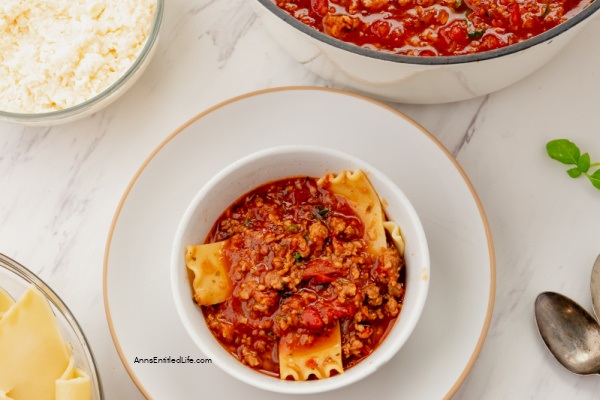 Lasagna Soup Recipe. If you love the taste of traditional lasagna you will love this lasagna soup! Fresh sausage, spices, tomatoes, and a nice cheesy mixture combine to make the best lasagna soup! Your whole family will love this easy-to-make soup.