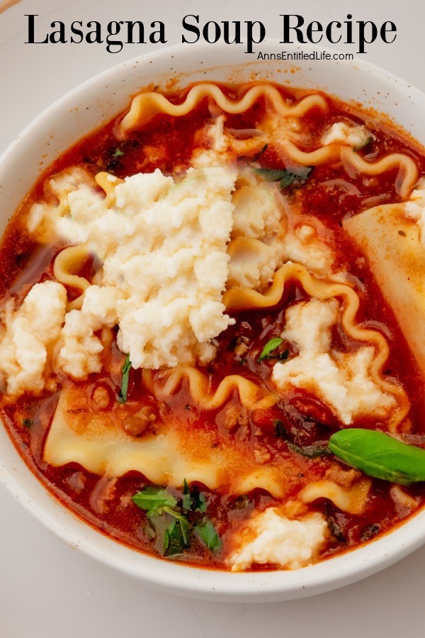 Close-up of lasagna soup in a white bowl