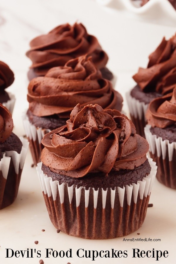 A row of frosted food chocolate cupcakes on a white counter