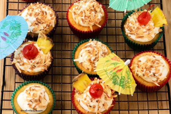 Piña Colada Cupcake Recipe. The tropical flavors in this delicious pina colada cupcake recipe will remind you of island breezes and sultry beach weather. For a taste of the tropics, make this delicious cake for your next party or get-together. Your friends and family will love these amazing cupcakes!