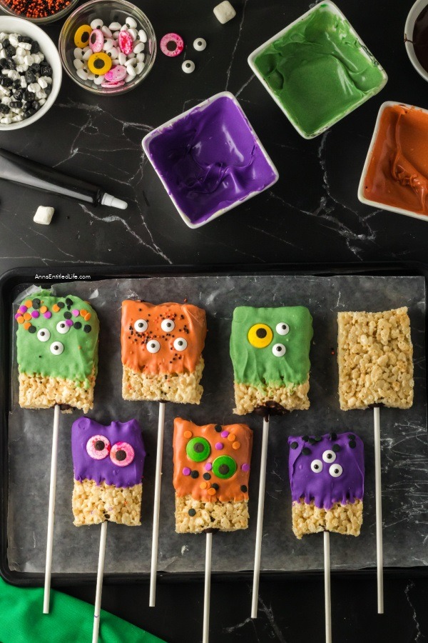 Easy Halloween Rice Crispy Treats Recipe. These easy Halloween crispy rice treats are the perfect solution for a Halloween party or lunchbox. These delicious Halloween treats are highly customizable and a fun decorating project for your whole family!