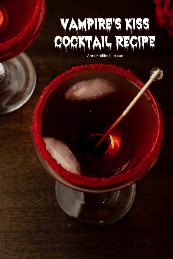 Overhead view of a vampire kiss cocktail against a dark background
