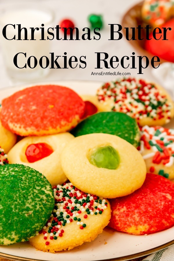 Up close image of a white plate filled with Christmas butter cookies