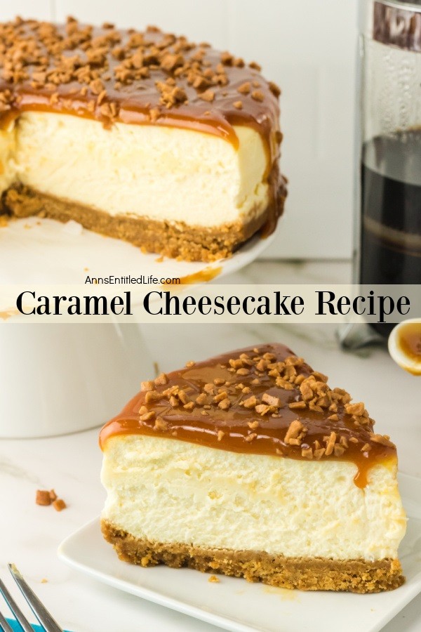 A piece of caramel cheesecake on a white cake dish is in the front, the rest of the cheesecake sits on a white cake server in the upper left.