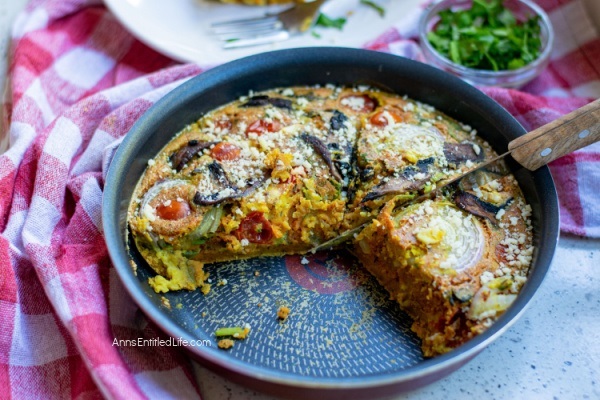 Easy Egg-Free Vegetable Frittata Recipe. This delicious no egg vegetable frittata is a terrific breakfast casserole recipe the entire family will enjoy. Meatless and wheatless, without tofu or eggs, this simple-to-make frittata dish can easily be made vegan with one simple substitution.
