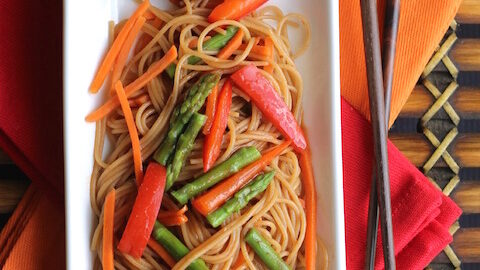 Image for Hoisin-Glazed Mini Meatloaf “Muffins” Over Asian Noodles and Vegetables