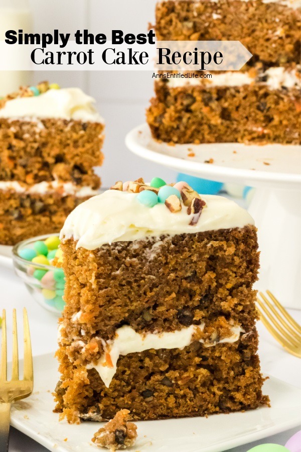 Two pieces of carrot cake on white plates, the rest of the cake is on a white cake platter
