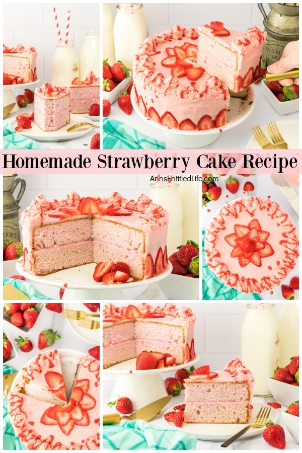 A collage of decorated homemade strawberry cake, and slices of homemade strawberry cake