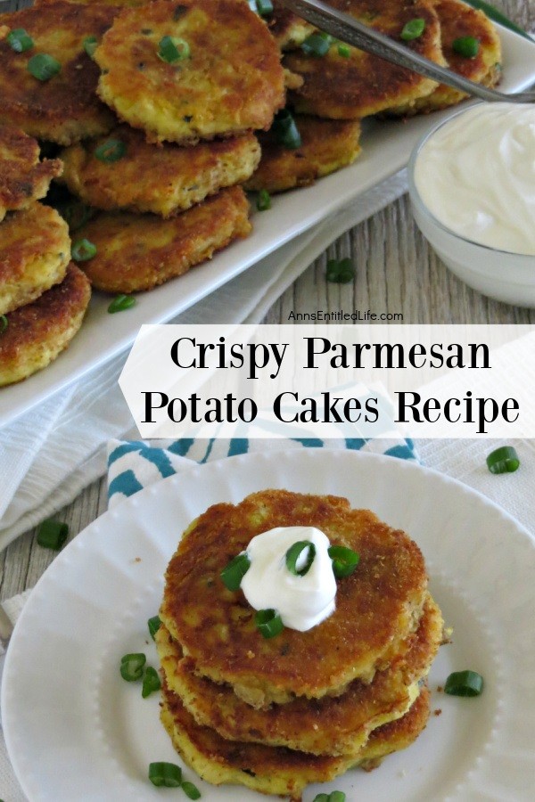 Overhead view of a stack of Parmesan potato cakes on a white dish, there is a tray filled with more potato cakes in the back