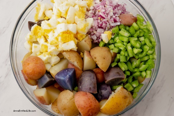 Red, White, and Blue Potato Salad Recipe. This red, white, and blue potato salad is an update to a classic potato salad recipe that is perfect for parties and picnics. This multicolored dish is sure to be the star of your next summer gathering. Packed with potatoes, eggs, mayonnaise, and herbs, this potato salad is simple enough for even novice cooks to make.