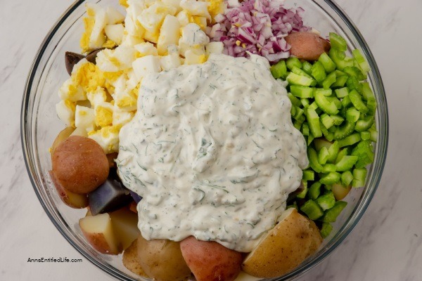 Red, White, and Blue Potato Salad Recipe. This red, white, and blue potato salad is an update to a classic potato salad recipe that is perfect for parties and picnics. This multicolored dish is sure to be the star of your next summer gathering. Packed with potatoes, eggs, mayonnaise, and herbs, this potato salad is simple enough for even novice cooks to make.