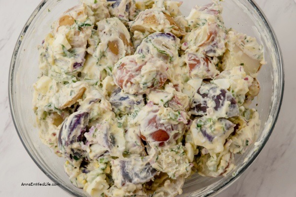 Red, White, and Blue Potato Salad Recipe. This red, white, and blue potato salad is an update to a classic potato salad recipe that is perfect for parties and picnics. This multicolored dish is sure to be the star of your next summer gathering. Packed with potatoes, eggs, mayonnaise, and herbs, this potato salad is simple enough for even novice cooks to make.