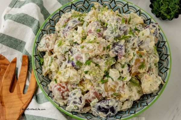 Red, White, and Blue Potato Salad Recipe. This red, white, and blue potato salad is an update to a classic potato salad recipe that is perfect for parties and picnics. This multicolored dish is sure to be the star of your next summer gathering. Packed with potatoes, eggs, mayonnaise, and herbs, this potato salad is simple enough for even novice cooks to make.