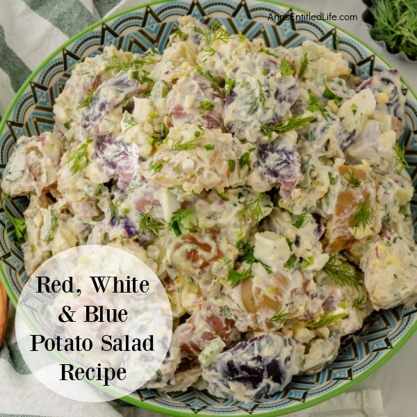 Red, White, and Blue Potato Salad Recipe. This red, white, and blue potato salad is an update to a classic potato salad recipe that is perfect for parties and picnics. This multicolored dish is sure to be the star of your next summer gathering. Packed with potatoes, eggs, mayonnaise, and herbs, this potato salad is simple enough for even novice cooks to make.