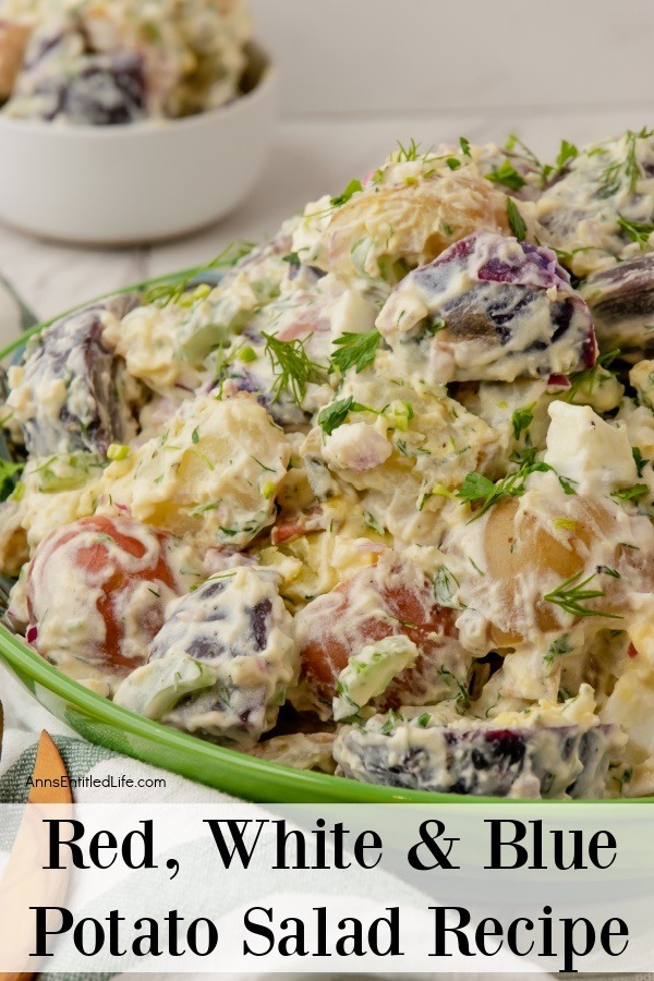 up close side photo of a festive bowl filled with red, white, and blue potato salad
