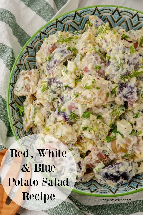 overhead images of a half of a festive bowl filled with red, white, and blue potato salad