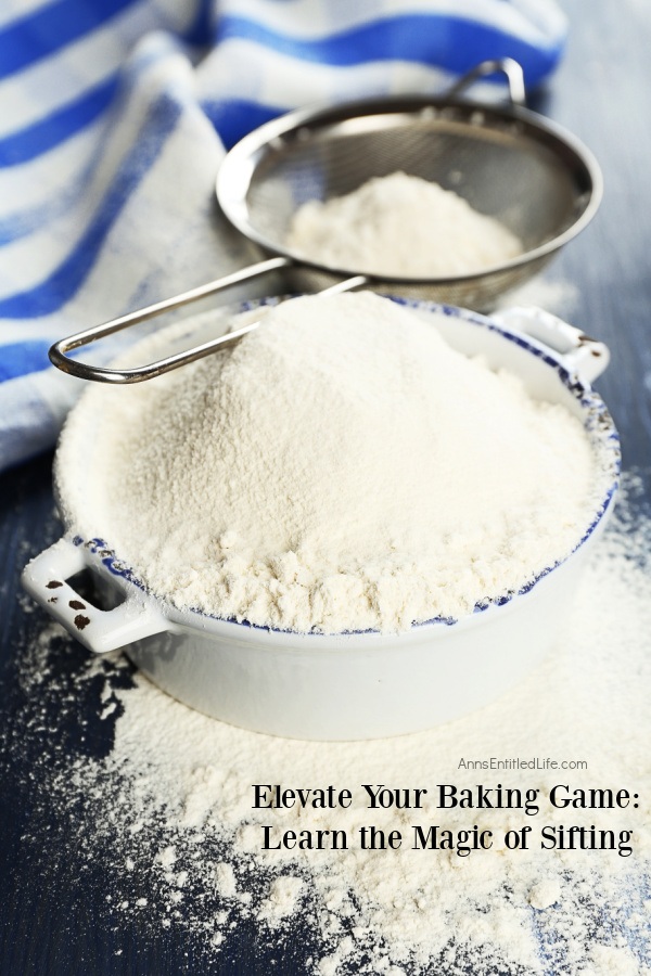 A white bowl filled with sifted flour, a fine mesh strainer rests above it.