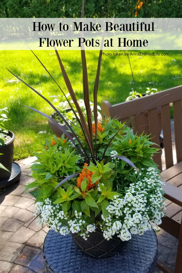 a planter filler with flowers, spike, and spillers on a rattan table