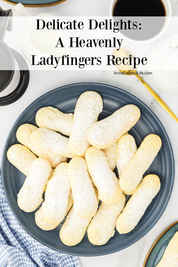 An overhead view of a blue plate filled with ladyfinger cookies. There is a cup of coffee and a spoon in the upper right.