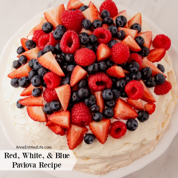 Red, White, and Blue Pavlova Recipe. Red, white, and blue pavlova is a classic dessert that is perfect for any occasion. It features a meringue base, topped with fluffy whipped cream, and fresh berries. This patriotic-themed treat looks stunning and tastes even better!
