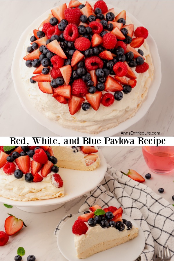two images: the top image is a whole red, white and blue pavlova, the bottom image is a slice of red, white, and blue pavlova on a white plate, the rest of the dessert is in the upper left, a white and black checked napkin is in the upper right